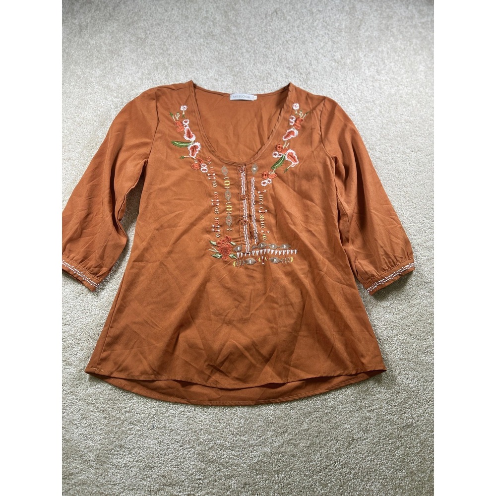 Misslook Womens S Brown Embroidered Boho Tunic 3/4 Sleeve Floral Top Boho Whimsy